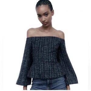 Zara Textured Tweed Off The Shoulder Top